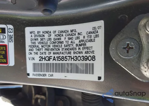 2007 Honda Civic Ex from USA, damaged, VIN 2HGFA15857H303908